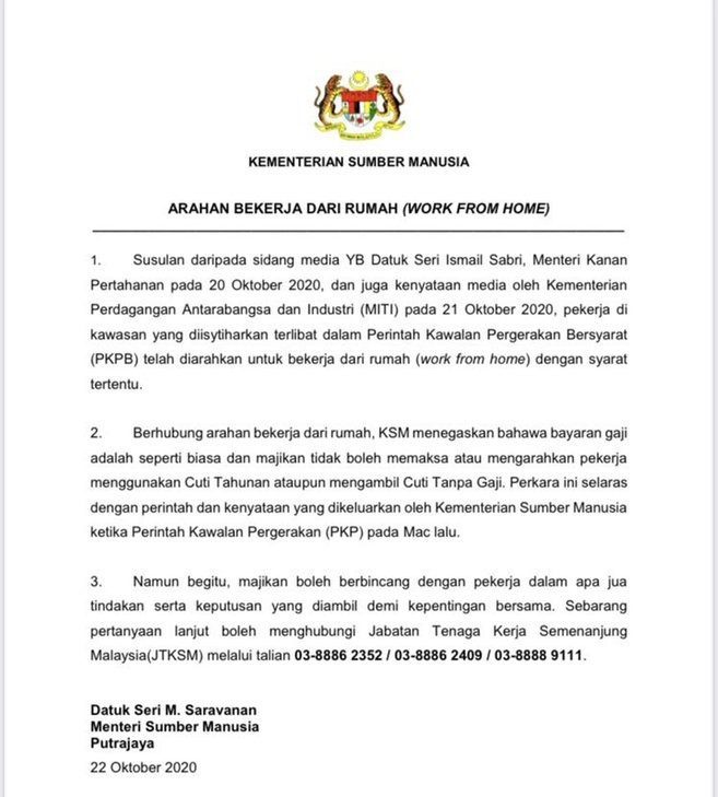 Menteri Sumber Manusia : Majikan Perlu Bayar Gaji Seperti Biasa Kepada Pekerja Bekerja Dari Rumah