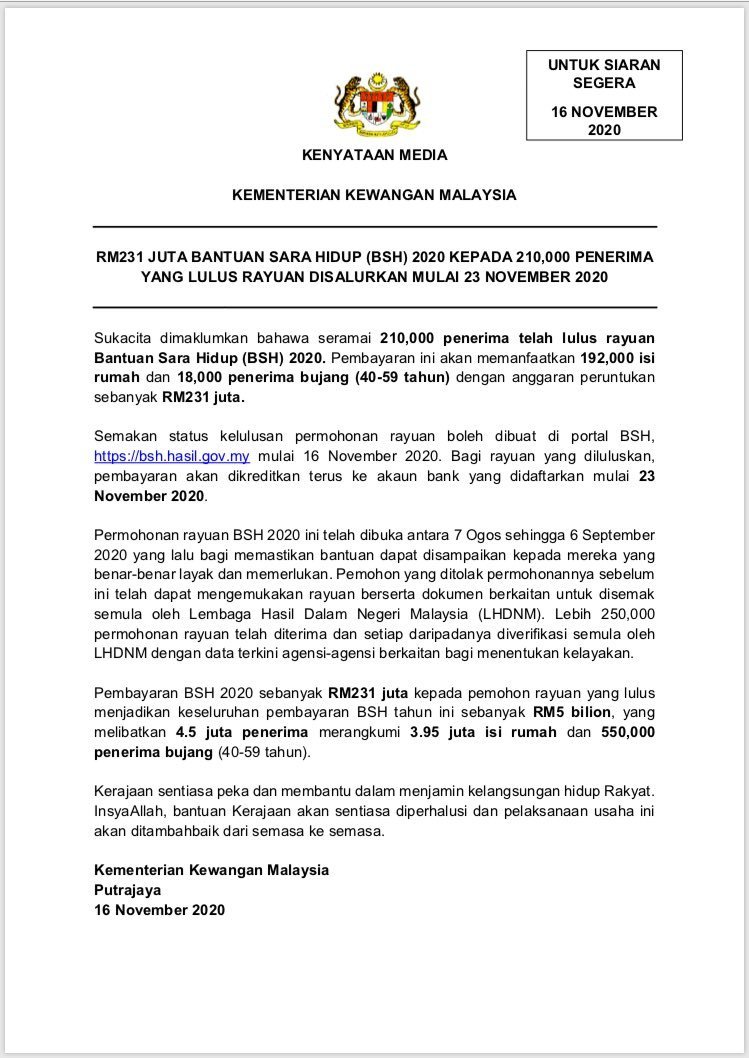 Rayuan BSH: Bakal Terima Bayaran Mulai 23 November Ini