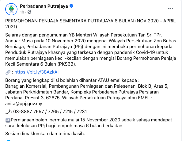 Warga Putrajaya Bebas Berniaga Kecil-Kecilan Dan Mohon Lesen Perniagaan Sementara Percuma Sahaja