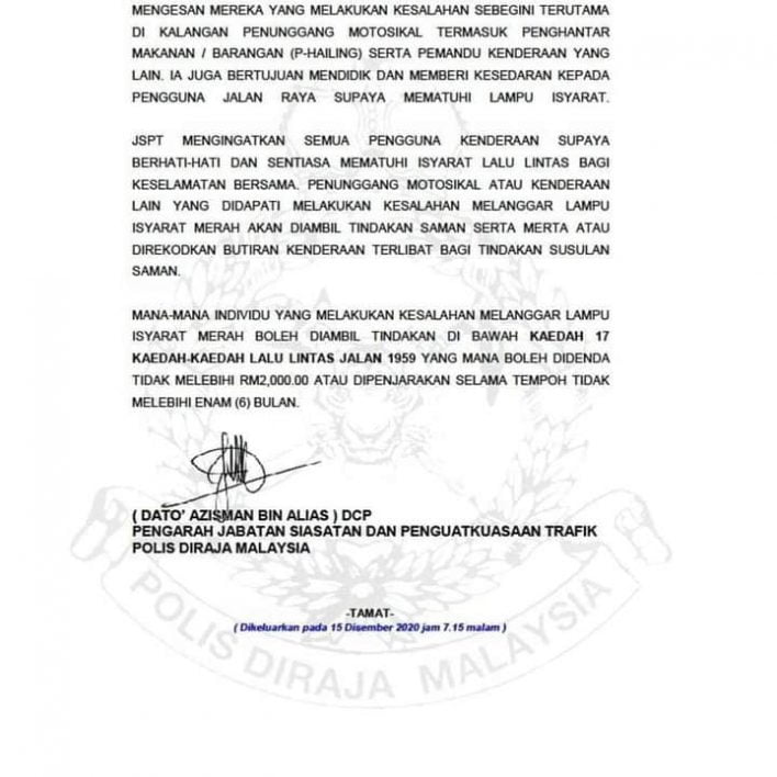 OPS Lampu Merah Sehingga 31 Disember. Hati-Hati & Jangan Langgar Lampu Merah