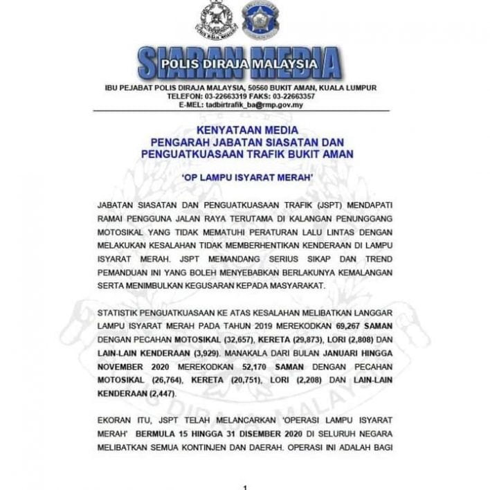 OPS Lampu Merah Sehingga 31 Disember. Hati-Hati & Jangan Langgar Lampu Merah