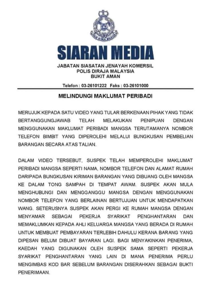 PDRM: Hati-Hati Buang Bungkusan Pos. Scammer Gunakan Maklumat Peribadi Anda