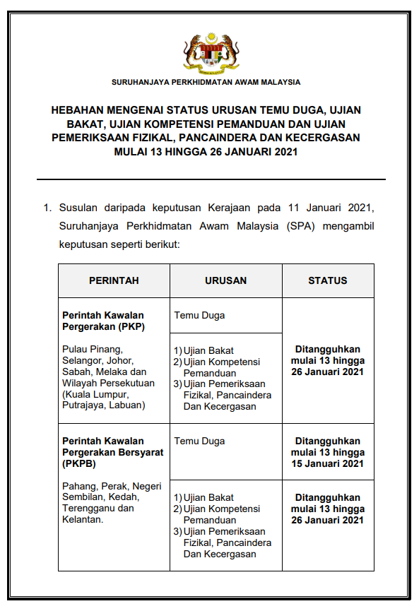 Status Temu Duga Serta Pelbagai Ujian Suruhanjaya Perkhidmatan Awam (SPA) Sepanjang PKP