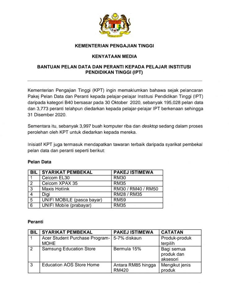 Bantuan Pakej Pelan Data & Diskaun Peranti Pelajar IPT B40
