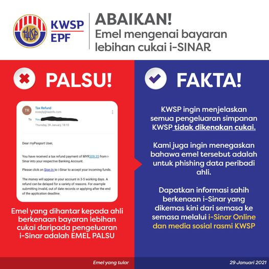 KWSP Tidak Pernah Hantar Emel Bayaran Lebihan Cukai iSinar. Hati-Hati, Emel Palsu!
