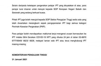 Ini 6 Kategori Pelajar IPT Yang Dibenarkan Kembali Semula Ke Kampus Mulai 1 Mac. Semak Sekarang