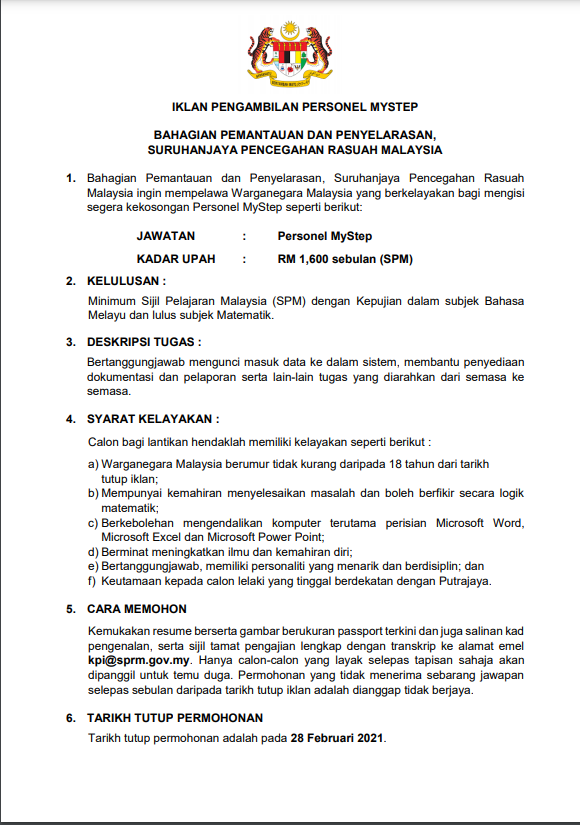 Personel MyStep Suruhanjaya Pencegahan Rasuah Malaysia (SPRM). Semak Kelayakan & Mohon Segera