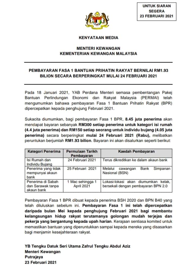 Jadual Tarikh Pembayaran BPR 2021 Fasa 1 Untuk Semua Kategori & Sabah Sarawak