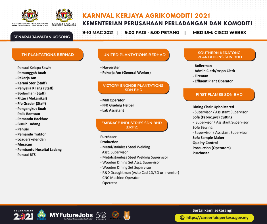 Karnival Kerjaya Agrikomoditi 2021, MyFutureJobs PERKESO. Lebih 500 Kekosongan Jawatan Menanti Anda