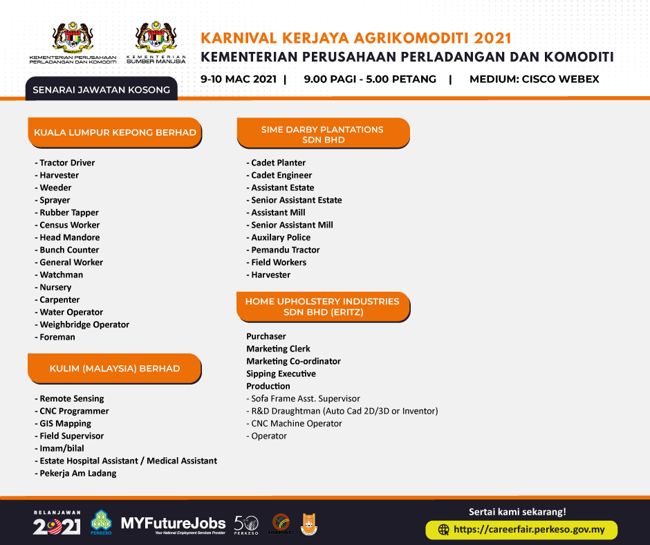 Karnival Kerjaya Agrikomoditi 2021, MyFutureJobs PERKESO. Lebih 500 Kekosongan Jawatan Menanti Anda