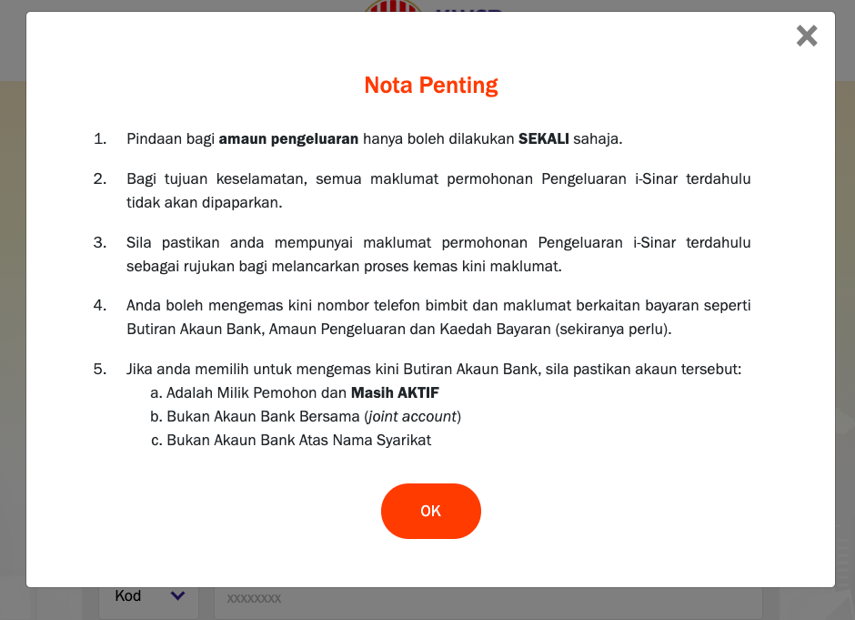 Cara Tukar Amaun Pengeluaran iSinar Mengikut Had Pengeluaran