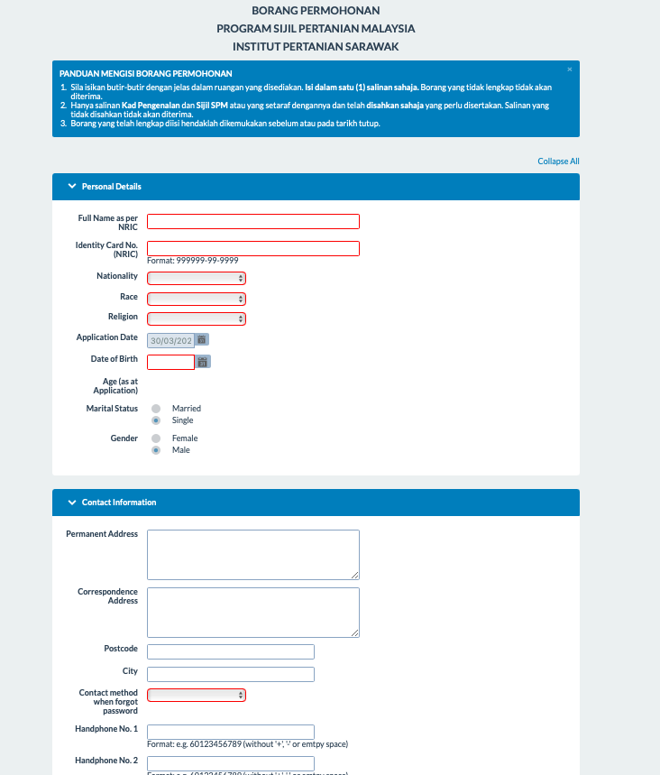 Permohonan Program Sijil Pertanian Malaysia Sesi 2021/2023, Institut Pertanian Sarawak, Semongok