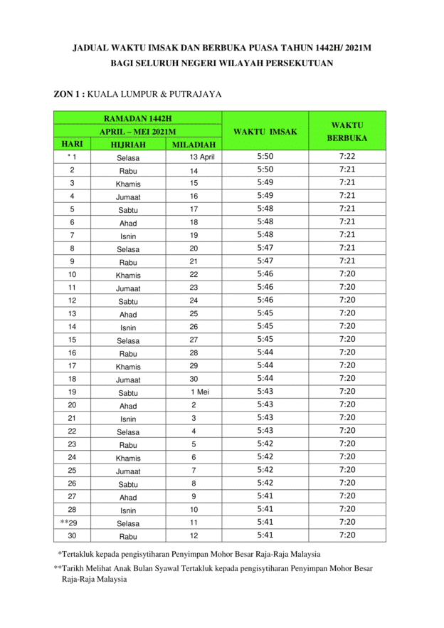 Jadual Waktu Berbuka Puasa & Imsak Wilayah Persekutuan Tahun 2021/1442H