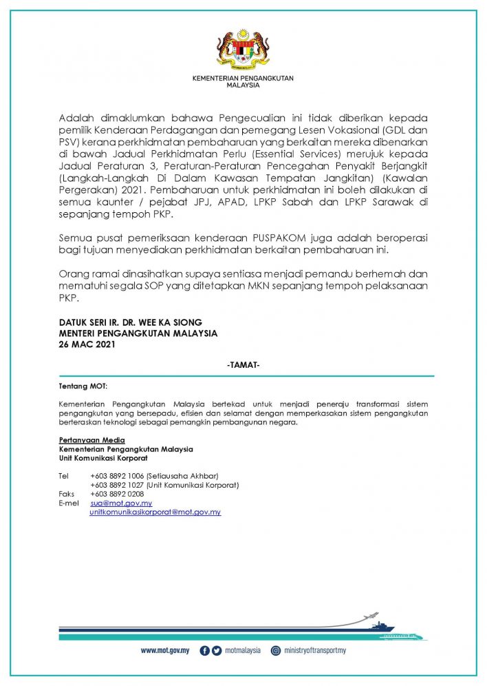 Lesen Memandu & Roadtax Tamat Tempoh? Pengecualian Renew Bermula 1 April Hingga 31 Mei Ini