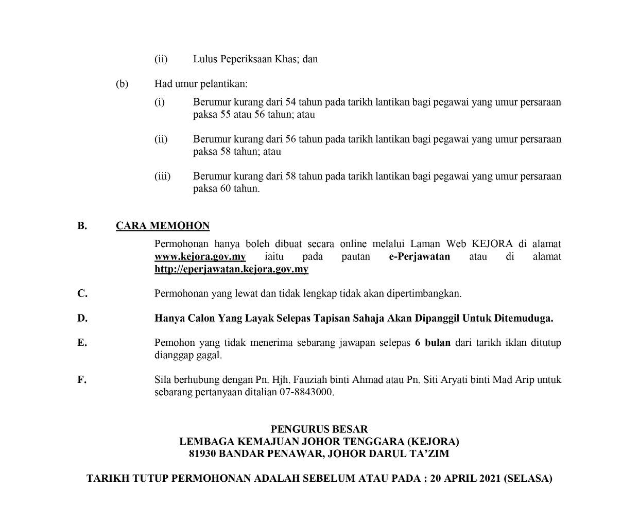 Cara Mohon Pelbagai Jawatan Kosong Tetap Di Lembaga Kemajuan Johor Tenggara (KEJORA)