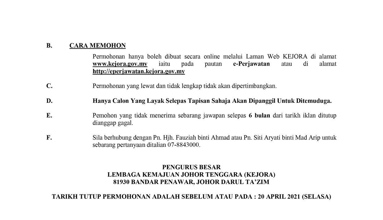 Cara Mohon Pelbagai Jawatan Kosong Tetap Di Lembaga Kemajuan Johor Tenggara (KEJORA)