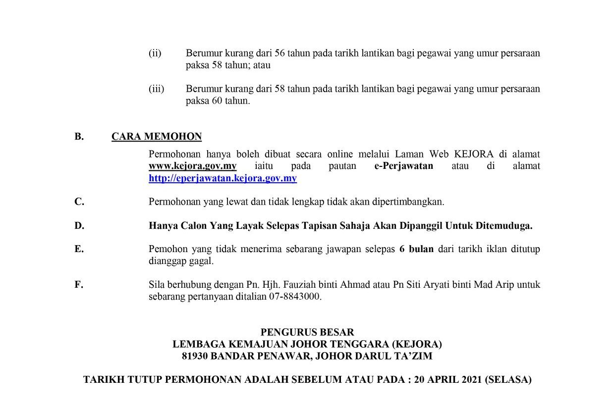 Cara Mohon Pelbagai Jawatan Kosong Tetap Di Lembaga Kemajuan Johor Tenggara (KEJORA)
