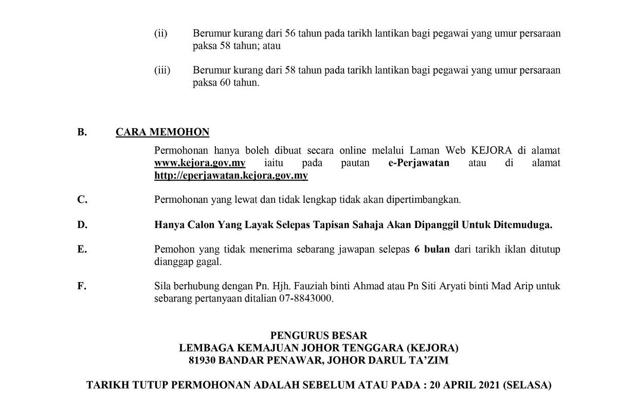 Cara Mohon Pelbagai Jawatan Kosong Tetap Di Lembaga Kemajuan Johor Tenggara (KEJORA)