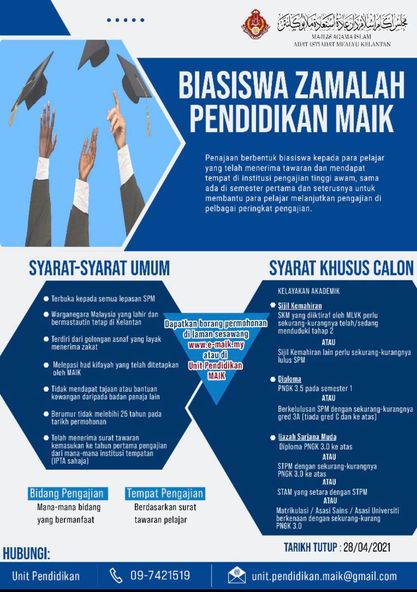 Cara Mohon Biasiswa Zamalah Pendidikan MAIK Untuk Pelajar IPTA