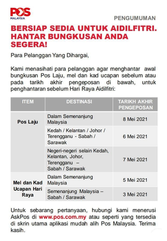 Nak Pos Barang Menggunakan Pos Laju Malaysia? Ini Jadual Tarikh Akhir Pengeposan Barang Untuk Rujukan Anda