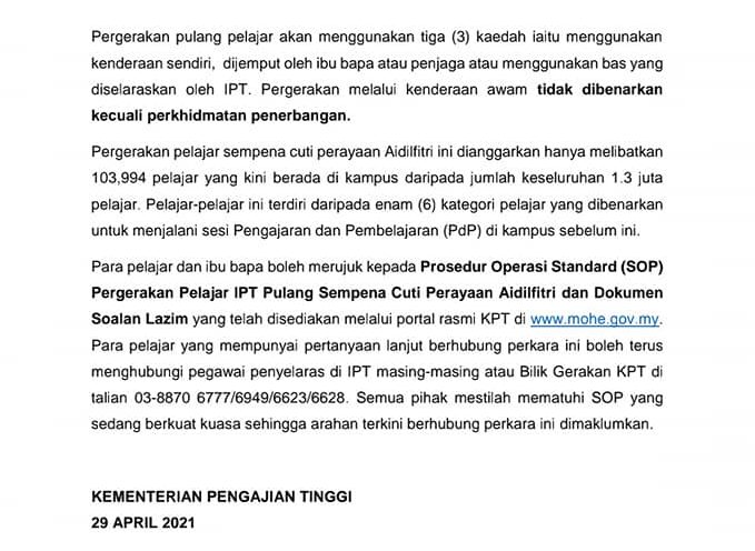 Tarikh Pergerakan Cuti Hari Raya Pelajar IPT. Ini SOP Pergerakan Pulang Yang Ditetapkan MKN
