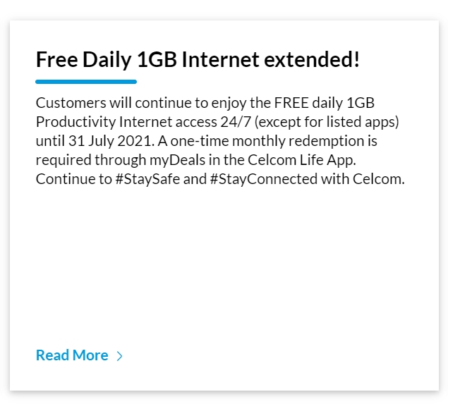 Lanjutan Penawaran Data 1GB Percuma Setiap Hari Hingga 31 Julai 2021