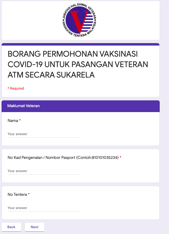 Permohonan Vaksinasi Covid-19 Veteran ATM & Pasangan Secara Sukarela
