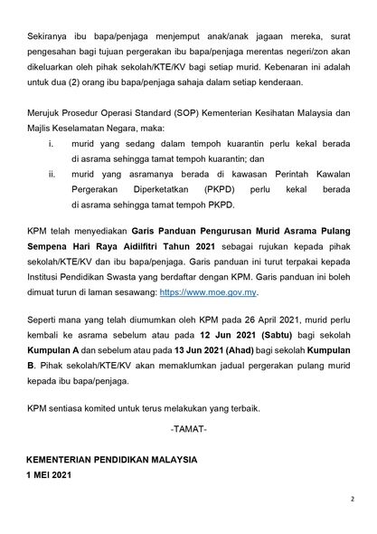 Kaedah Pergerakan Pulang Murid Asrama Sempena Cuti Hari Raya Aidilfitri 2021