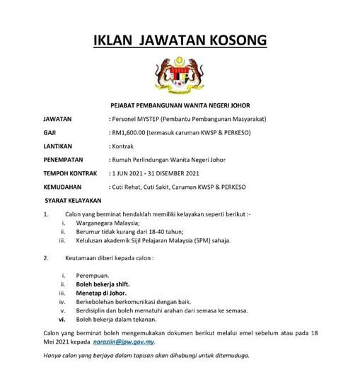 Jawatan Kosong Personel MySTEP Pejabat Pembangunan Wanita Negeri Johor, Semak Syarat Kelayakan Disini