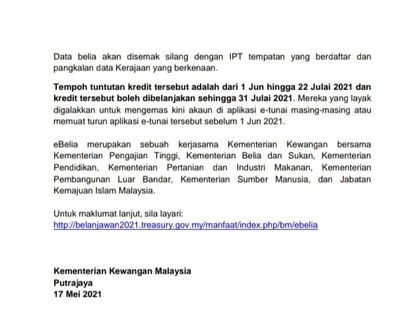 Terkini: eBelia - RM 300 Juta Kredit E-Tunai Untuk 2 Juta Belia & Pelajar Sepenuh Masa Dibuka 1 Jun 2021