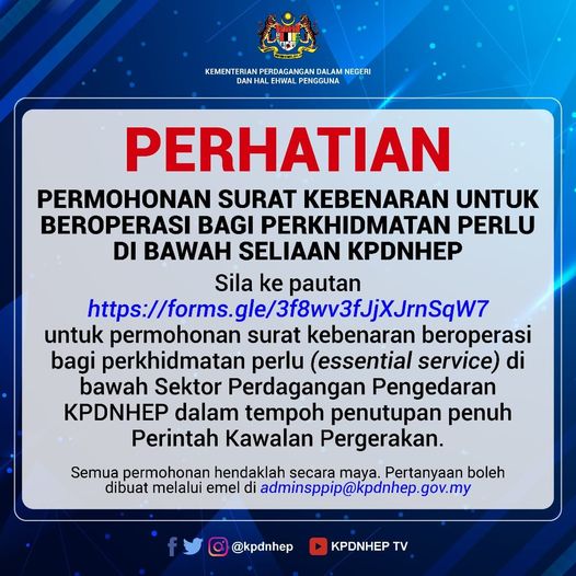 Cara Mohon Surat Kebenaran Untuk Beroperasi Bagi Perkhidmatan Perlu Dibawah Seliaan KPDNHEP