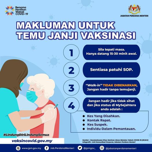 Prosedur Temujanji Vaksinasi Yang Perlu Ada Patuhi Sepanjang PKP 3.0