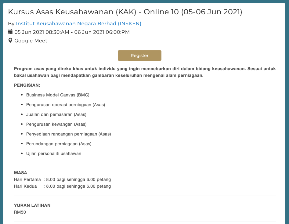 Semurah RM50! Kursus Asas Keusahawan (KAK) INSKEN. Cepat Daftar Sebelum Terlambat!