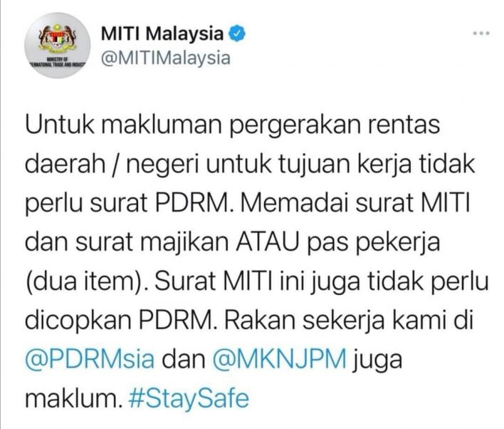 Pergerakan Rentas Daerah/Negeri Tujuan Kerja Tidak Perlu Surat PDRM, Surat MITI & Surat Majikan Sahaja