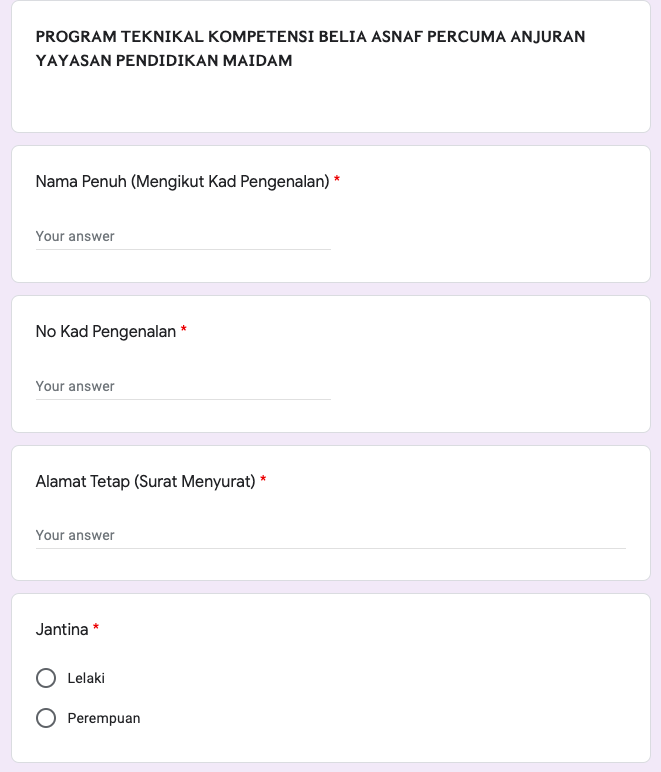 Golongan Asnaf & Lepasan Tahfiz Lepasan SPM Ditawarkan Untuk Mohon Program Teknikal Kompetensi Belia Asnaf. Mohon Sekarang!