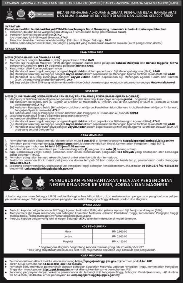 Tawaran Penajaan Biasiswa & Dermasiswa JAIS Untuk Lepasan SPM/STAM Bagi Pengajian Ke Timur Tengah. Mohon Sebelum 14 Julai 2021