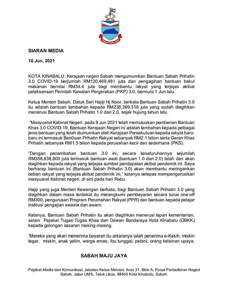 Sabah 3.0 bantuan 2021 prihatin Bantuan Sabah