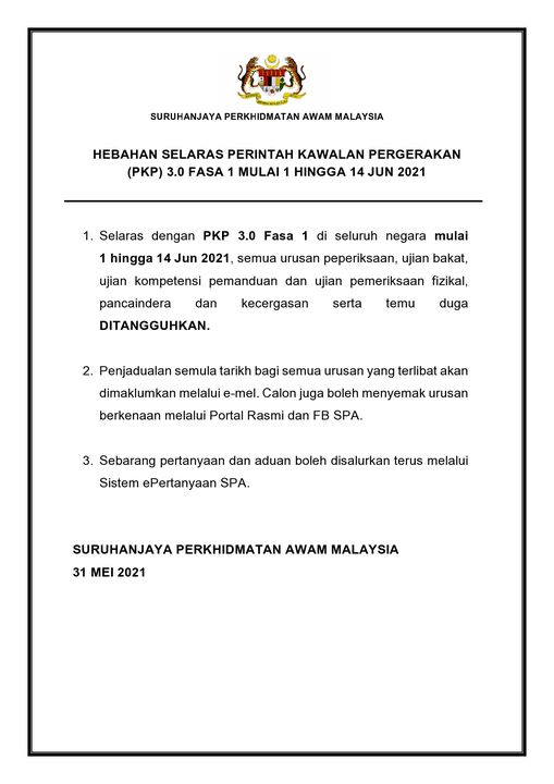 Semua Urusan Ujian & Temuduga Suruhanjaya Perkhidmatan Awam (SPA), Ditangguhkan Sepanjang Tempoh PKP 3.0