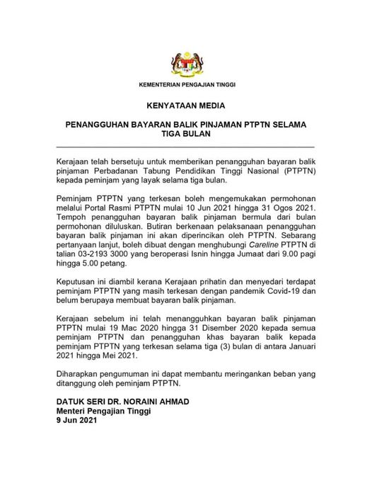Permohonan Lanjut Tangguh Bayaran PTPTN PKP 3.0 Dibuka Mulai 5 Jun 2021, Penangguhan Selama 3 Bulan Sehingga 31 Ogos 2021