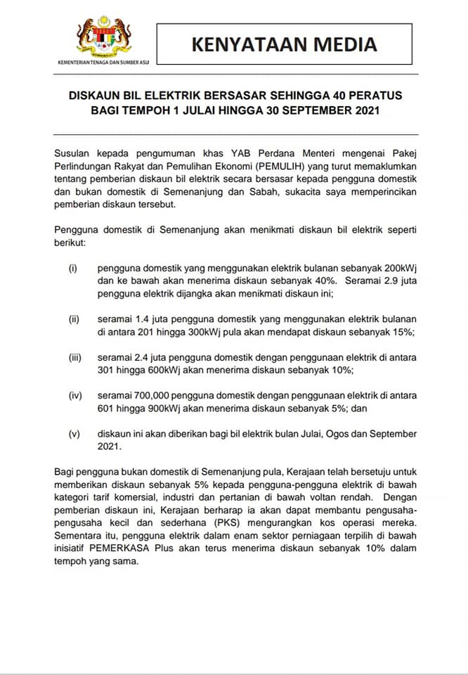 Rebat Elektrik 2 Sen Diteruskan, Diskaun Bil Elektrik Sehingga 40% Untuk Bil Julai 