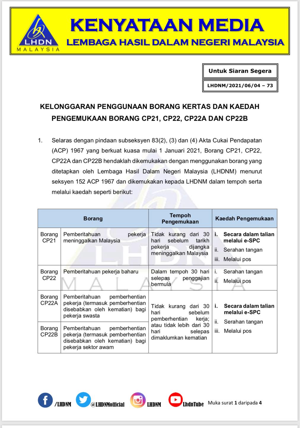 LHDN: Majikan Boleh Emel Borang Cukai Pekerja Warga Asing Hingga 31 Disember 2021