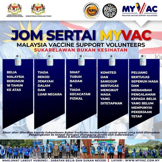 Sertai MyVac Malaysia Vaccine Support Volunteers (Sukarelawan Bukan Kesihatan) Jabatan Belia & Sukan Sekarang. Semak Cara Mohon Disini