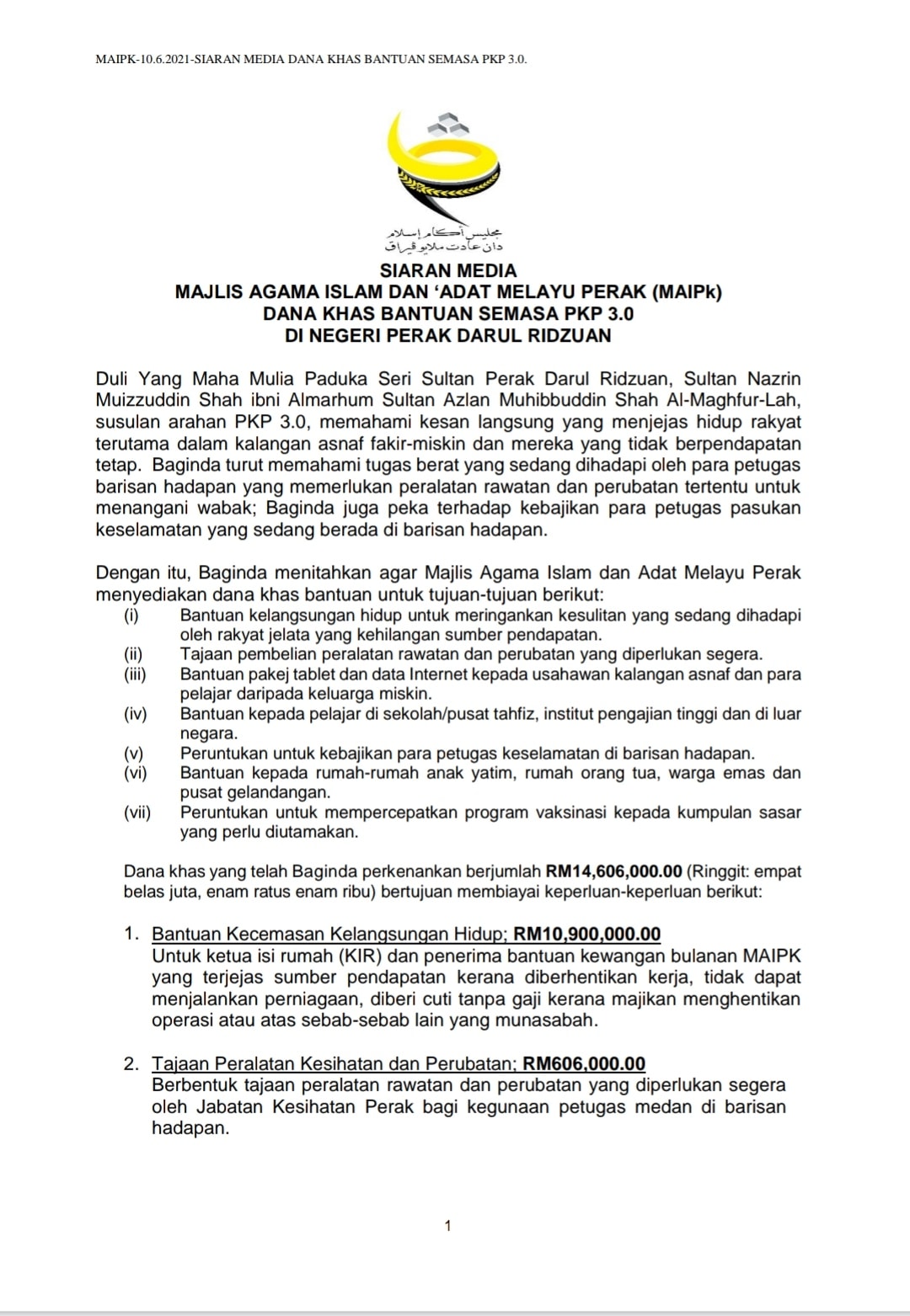 Berita Baik! Sultan Perak Luluskan Dana Khas Bantuan Buat Rakyat Perak Terjejas Pendapatan Akibat PKP 3.0 Untuk Asnaf, Pelajar, Usahawan & Frontliner