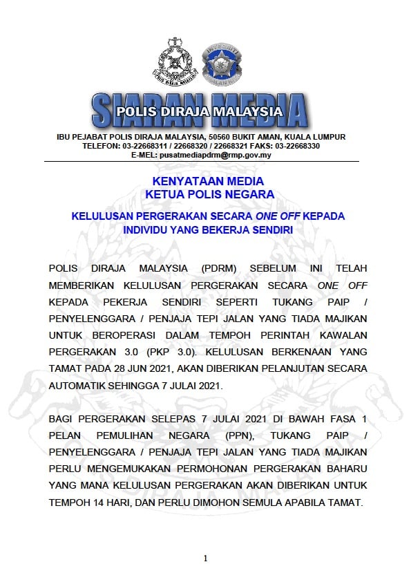 Kelulusan Pergerakan Secara One-Off Kepada Individu Yang Bekerja Sendiri Sehingga 7 Julai