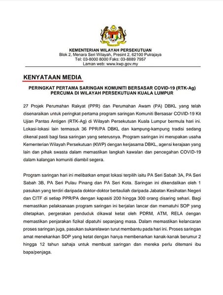 Saringan Komuniti Bersasar Covid-19 (RTK-Ag) Percuma Di Wilayah Persekutuan Kuala Lumpur Selama Sebulan. Semak Jadual Ini