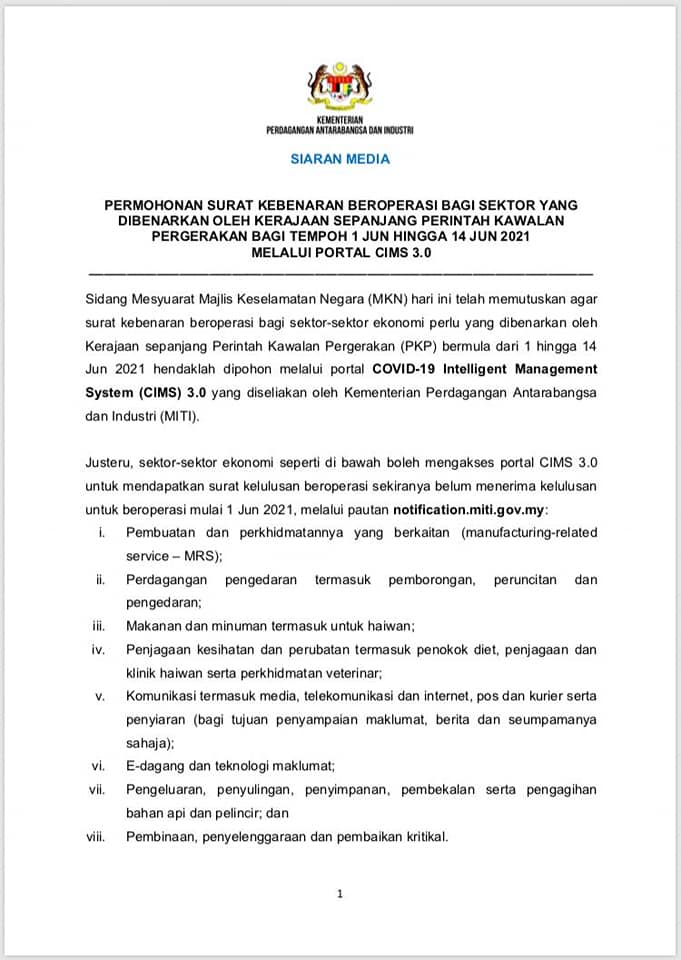 Terkini: Permohonan Beroperasi Perniagaan Sepanjang Tempoh Total Lockdown Perlu Melalui CIMS 3.0 MITI. Ini Caranya