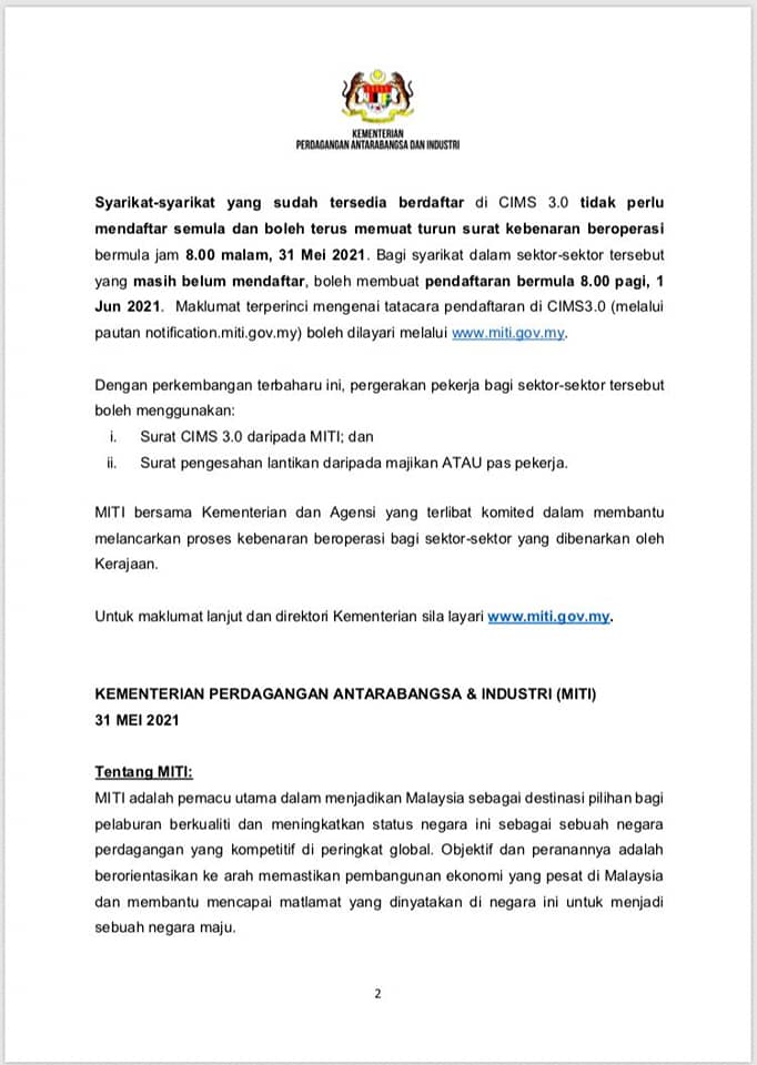 Terkini: Permohonan Beroperasi Perniagaan Sepanjang Tempoh Total Lockdown Perlu Melalui CIMS 3.0 MITI. Ini Caranya