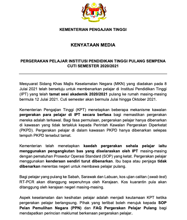 Pelajar IPT Boleh Balik Rumah Masing-Masing. Ini 2 Kaedah Pergerakan Pulang Pelajar IPT Secara Berfasa Sempena Cuti Semester 