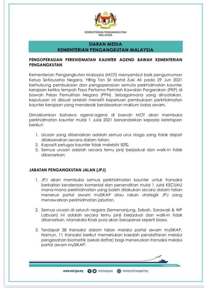 Cara Buat Temujanji JPJ & Perkhidmatan Kaunter APAD, PUSPAKOM, LPKP Juga Telah Dibuka