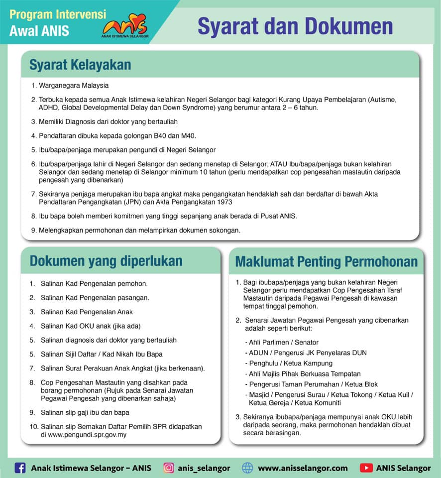 Pendaftaran Program Intervensi Awal Pusat Anis Kini Di Buka. Ini Syarat & Dokumen Diperlukan